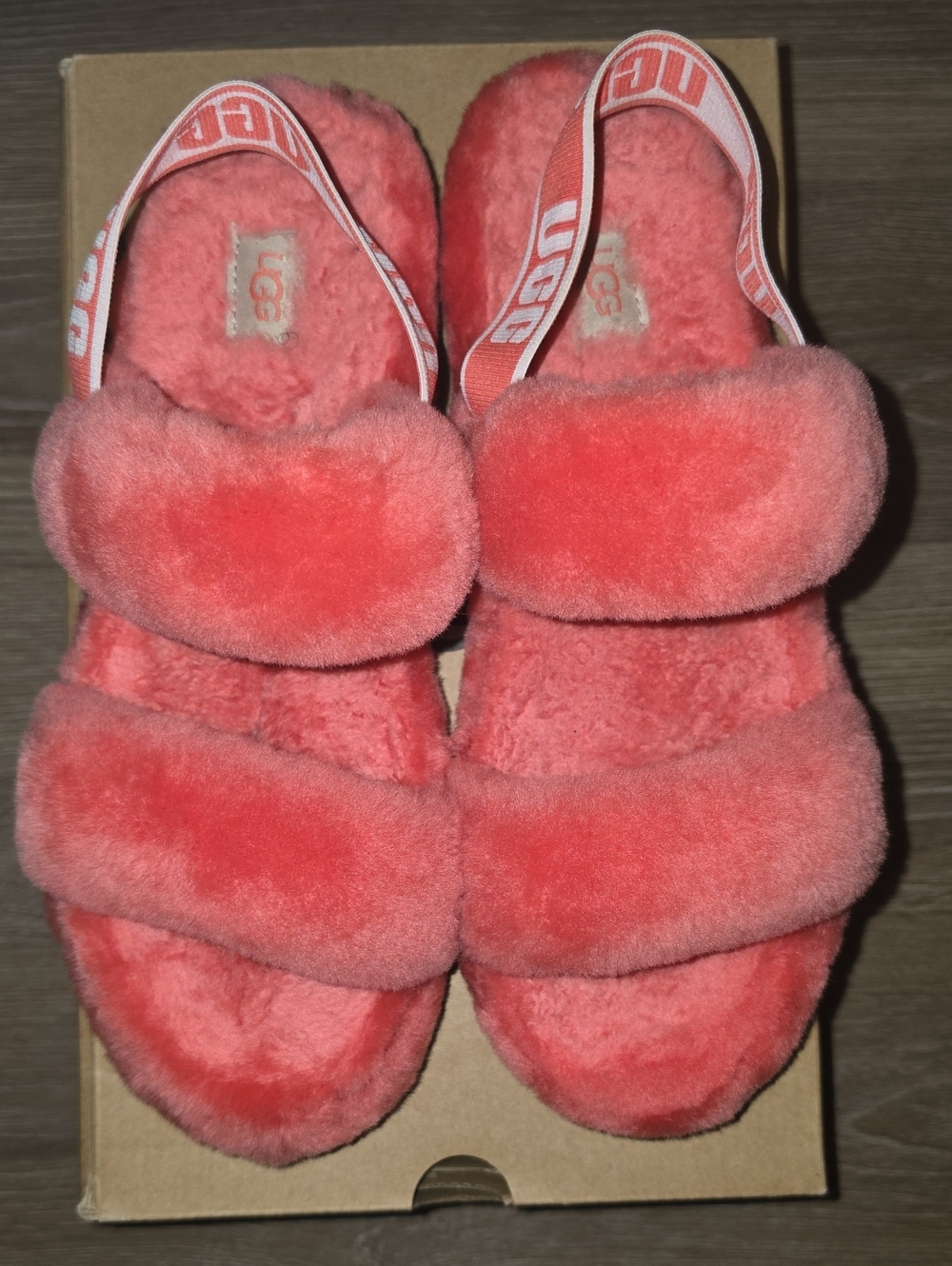 UGG Coral Pink Fluff Slide Sandals with Branded Heel Strap